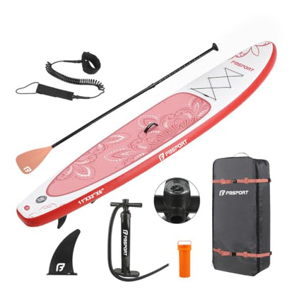 FBSPORT 11' Premium Stand Up Paddle Board, Yoga Board with SUP Accessories & Carry Bag | Wide Stance, Surf Control, Non-Slip Deck, Leash, Paddle and Pump for Youth & Adult - color: PinkWhite