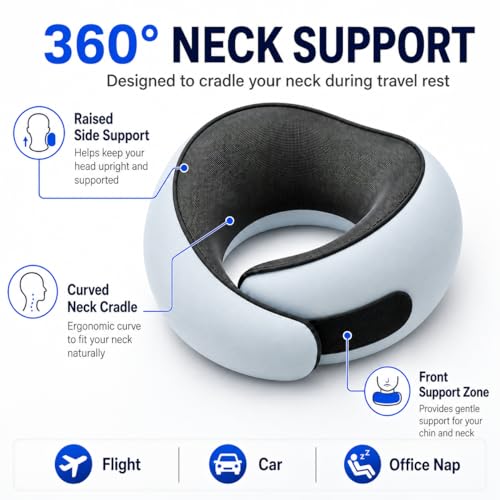 Travel Neck Pillow for Airplanes, Pure Memory Foam Neck Pillow with Washable Cover and Storage Bag, Ergonomic 360° Support for Sleeping, Car, Office, Home, Light Blue - color: Blue