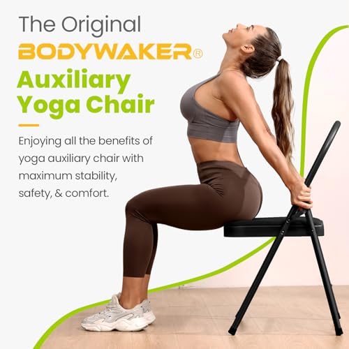Foldable Yoga Auxiliary Chair with 3 Training Guide Posters for Versatile Exercises, Yoga Assist Handstand Chair with Detachable Lumbar Back Support for Stretching, Balance Training. (Black)