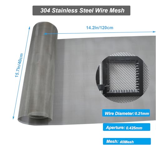 304 Stainless Steel Mesh 40Mesh, 15.7"x47.2"(40x120cm) Metal Mesh Screen, Woven Fine Wire Mesh, Filter Mesh Easy to Cut for Vent Covers, Cage, Garden, Window Screen and DIY Project | 0.21mm Sturdy Wire Metal Mesh Sheet, Easy to Cut, Rustproof & Heat-Resis