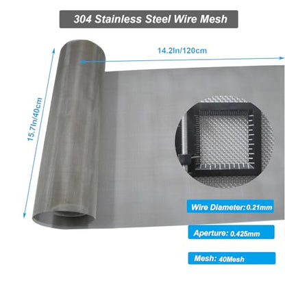 304 Stainless Steel Mesh 40Mesh, 15.7"x47.2"(40x120cm) Metal Mesh Screen, Woven Fine Wire Mesh, Filter Mesh Easy to Cut for Vent Covers, Cage, Garden, Window Screen and DIY Project | 0.21mm Sturdy Wire Metal Mesh Sheet, Easy to Cut, Rustproof & Heat-Resis