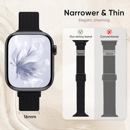 Slim Braided Stretchy Band Compatible with Apple Watch Bands Women | 40mm 41mm 42mm 38mm 44mm 45mm 46mm 49mm Thin Elastic Nylon Solo Loop Strap ,Wristband for iWatch Series 11 10 9 8 7 6 5 4 SE - color: Black, size: 44/45/46/49mm