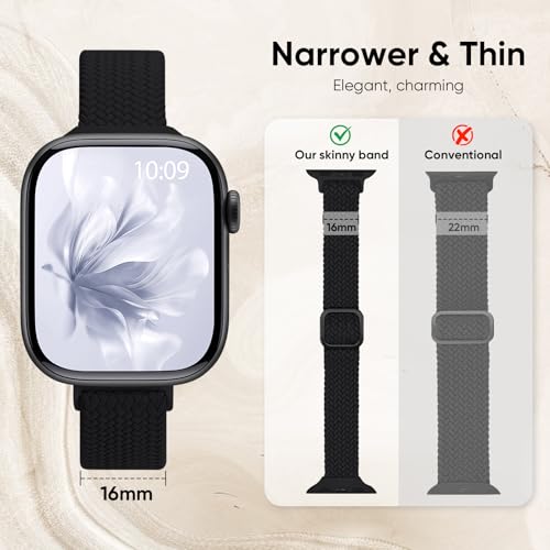 Slim Braided Stretchy Band Compatible with Apple Watch Bands Women | 40mm 41mm 42mm 38mm 44mm 45mm 46mm 49mm Thin Elastic Nylon Solo Loop Strap ,Wristband for iWatch Series 11 10 9 8 7 6 5 4 SE - color: Black, size: 44/45/46/49mm