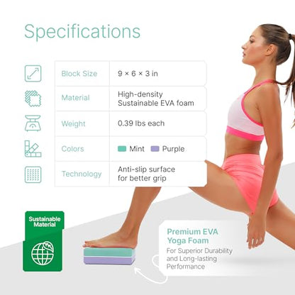 Yoga Blocks 2 Pack with Strap and Guide – Soft Non-Slip EVA Foam Blocks | High-Density Pilates Blocks for Home Workouts, Dance, Ballet, Gymnastics & Stretching Exercise, Dance Accessories and Gifts - color: Mint/Purple & Stretch Band Purple