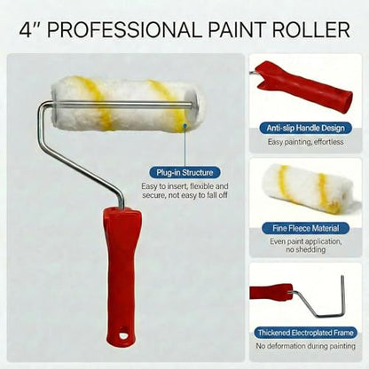 Paint Roller Kit 10 Piece, 4 Inch Microfiber Paint Roller Frame with Mini Plastic Paint Tray, House Painting Supplies, High Absorbency, Reusable & Easy to Clean