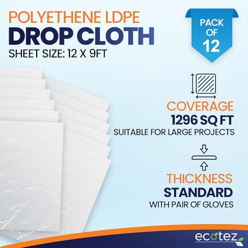 12 Pack 12 x 9 ft Extra Large Plastic Drop Cloth for Painting | Light & Durable Tarp Cover for Furniture Plastic Clear Tarp Waterproof - Paint Floor Covering - Painters Drop Cloth Sheeting - size: 12 Pack