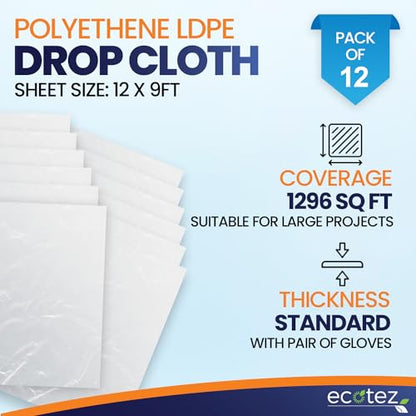 12 Pack 12 x 9 ft Extra Large Plastic Drop Cloth for Painting | Light & Durable Tarp Cover for Furniture Plastic Clear Tarp Waterproof - Paint Floor Covering - Painters Drop Cloth Sheeting - size: 12 Pack
