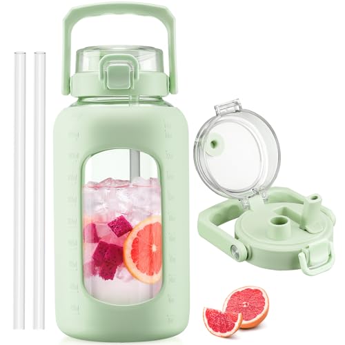 BLUEGO 84oz Glass Water Bottle with Straw and Handle, Large Water Bottle with Sip & Chug Lid, 2.5L Water Jug Silicone Sleeve with Time, Full Day Drinking Bottle for Sports BPA Free, Green - color: Light Green, size: 84 Ounces