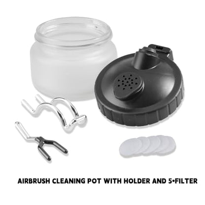 Langlengtec Airbrush Cleaning Kit Wash Jar with 5pcs Nozzle Set, 5pcs Brushes for Home and Office Use, Stainless Steel Duster with air Brush Needle Wrench