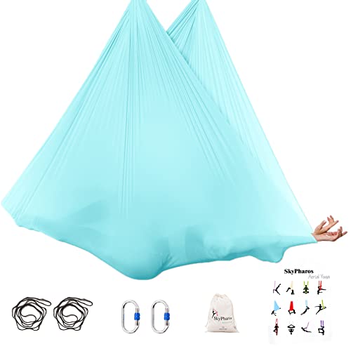 5.5 Yards Aerial Silks Yoga Swing Set - Aerial Yoga Hammock Kit Anti-Gravity Flying for Fitness, Low/Non Stretch Nylon Tricot Fabric Hardware Included for Dance - color: LIGHT BLUE