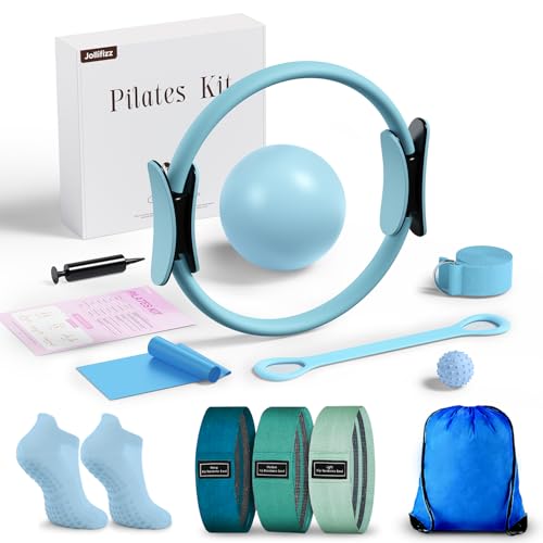 Pilates kit for Women Home Workout, Pilates Equipment Ring and Ball Set with 3 Fabric Resistance Bands, Massage Ball, Pilates Starter Kit for Strength, Toning, Including Workout Guide - color: Light Blue