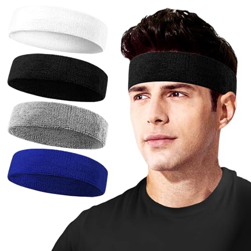 Sweatbands Sport Headbands for Men & Women, Sweat Head Bands Moisture Wicking Sport Headband Cotton Sweatbands for Basketball, Athletic Exercise, Running - color: Black/Gray/Blue/White