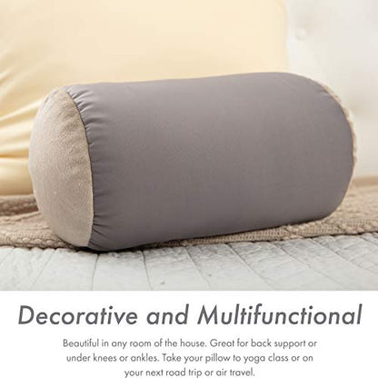 Microbead Bolster Neck Roll Pillow, 14x8 in Cylinder Tube, Stone Grey | Silky feel fabric helps prevent wrinkles & hair breakage; feather-light beads gently cushion head & shoulders as you rest - color: Stone Grey
