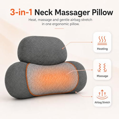 3 in 1 Heated Neck Massage Pillows with Heat for Pain Relief Deep Tissue, Rechargeable Cervical Neck Hump Corrector, Wireless Pillow Supports (No Washable Cover)