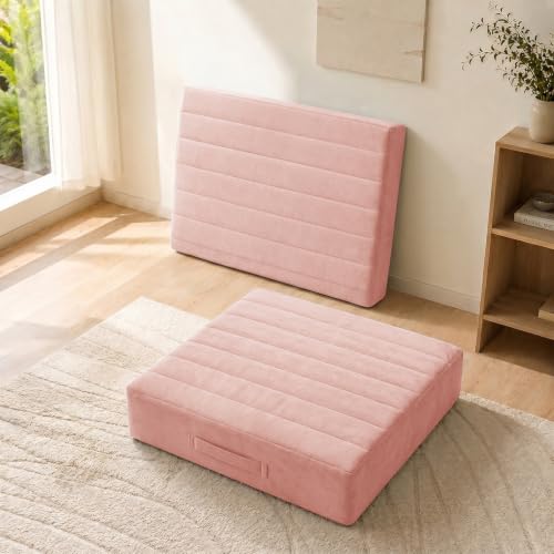 JKMAX 2 Pcs High Density Foam Floor Pillow - Upgraded Large Pillows Seating for Adults - Outdoor Floor Cushion with Soft Tufted Cover - Yoga Pillows for Sitting On Floor - 22 Inch Pink - color: Pink, size: 2 Counts