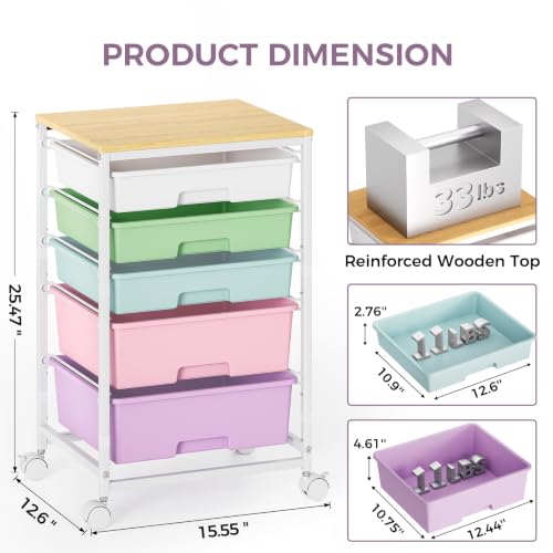 SYKIARIOL 5-Tier Rolling Cart with Drawers with Wooden Top, Ice Cream | Mobile Craft Storage Drawer Cart Trolley for Home Office, Classroom, Craft Room & Kid Room - color: Ice Cream