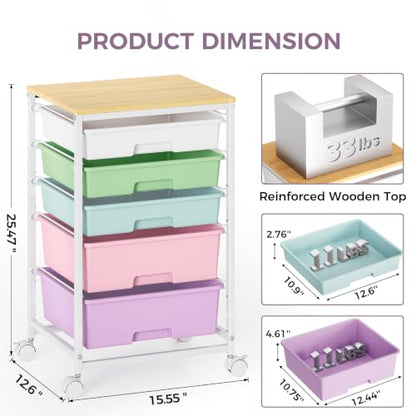 SYKIARIOL 5-Tier Rolling Cart with Drawers with Wooden Top, Ice Cream | Mobile Craft Storage Drawer Cart Trolley for Home Office, Classroom, Craft Room & Kid Room - color: Ice Cream