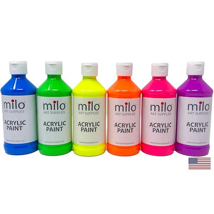 milo Fluorescent Acrylic Paint Set of 6 Colors | 8 oz Bottles | Student Neon Colors Acrylics Painting Pack | Glows UV in Black Light | Non-Toxic Arts & Crafts Paints for Artists & Hobby Painters | Made in USA | Glows in Black Light, AP Certified Non-Toxic