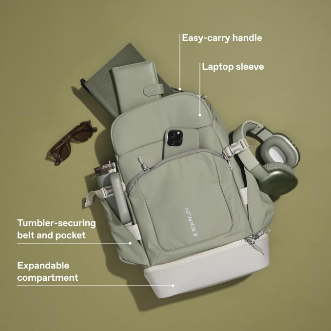 STANLEY Vitalize Backpack | Gym, Work & Travel Bag with Laptop Sleeve | Expandable Bottom Compartment | Tumbler & Water Bottle Pockets | Durable Recycled Fabric | Sage Grey - color: Sage Grey, size: Backpack