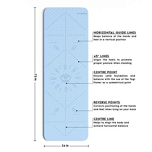 Premium TPE Yoga Mat - Body Alignment Guide Lines and Non-Slip Grip - Perfect for Home Exercise and Gym Workout - Light, Portable, Compact - Travel-Friendly Shoulder Strap