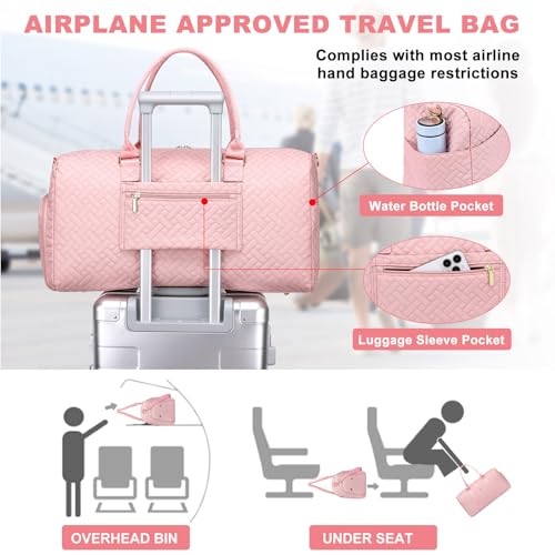 Women Weekender Travel Duffle Bag: Travel Duffel Overnight Bags with Shoe Compartment Large Carry on Tote with Toiletry Bag Weekend Traveling Yoga Gym Hospital Bag for Women with Wet Pocket Pink - color: 23-Pink T Quilted, size: Large