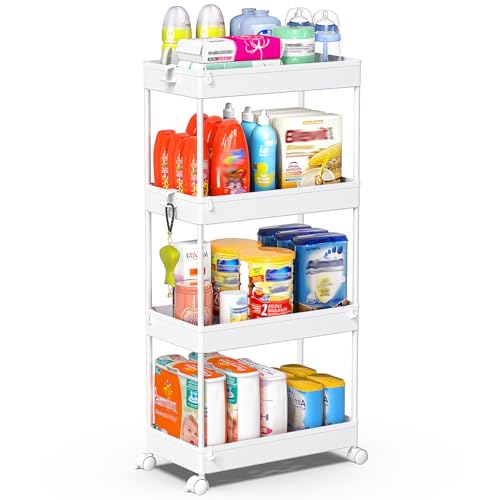 SPACEKEEPER 4 Tier Rolling Cart, Bathroom Cart Organizer with Wheels, White - color: White, size: 4 Tier