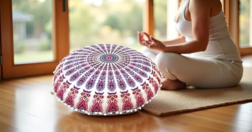 CRAFT KALA 32" Large Round Bohemian Floor Pillow Cover Boho Pouf Cover Mandala Meditation Room Pillows Cover Adults Seating Poufs Cushion Cover for Kids Reading Playroom New Pink Mirchi - color: New Pink Mirchi