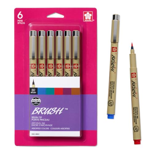 SAKURA Archival Brush Pens, Assorted Vibrant Colors, 6 Count | For Calligraphy, Coloring, Brush Lettering & Illustration, Pigment-Based, Smear & Fade-Resistant, Bleed-Free Ink - color: Black, Blue, size: 6 Count (Pack of 1)