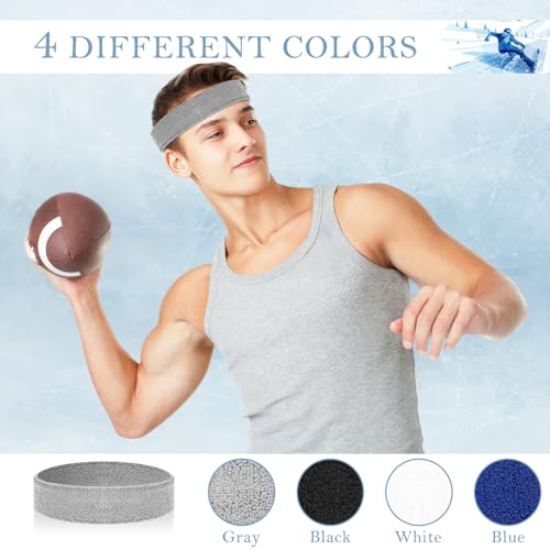 4 Pack Cotton Terry Sweat Headbands for Men Women Running Gym - color: Black/White/Gray/Blue