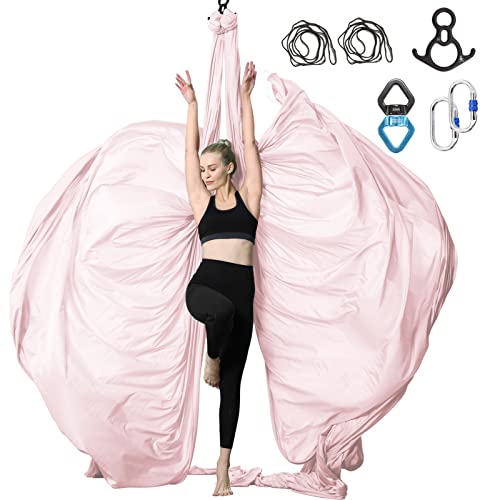 Aerial Silks Yoga Swing Set, Fitness Aerial Yoga Kit | Anti-Gravity Flight Aerial Yoga Hammock Kit; Low/Non Stretch Nylon Tricot Fabric; For Fitness & Dance; Hardware Included - color: Tender Pink