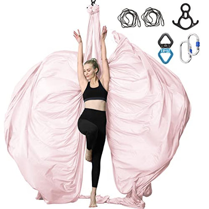 Aerial Silks Yoga Swing Set, Fitness Aerial Yoga Kit | Anti-Gravity Flight Aerial Yoga Hammock Kit; Low/Non Stretch Nylon Tricot Fabric; For Fitness & Dance; Hardware Included - color: 9Yards-Tender Pink