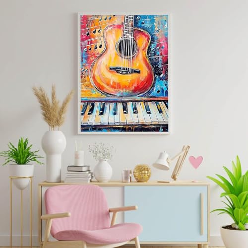 Guitar on The Piano Paint by Number for Adults Beginner Easy to Paint Spiritual Notes Paint by Numbers on Canvas, Paint by Numbers Kits Vintage Oil Painting Decoration with Frame 16x20 Inch - color: Artwork 12, size: 16''x20''(DIY frame)