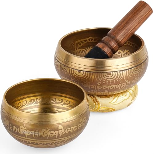 Tibetan Singing Bowl Set Authentic – 2-Pack Handmade in Nepal Sound & Meditation Bowl – Spiritual Decor for Yoga, Chakra Healing, Meditation Gifts, Unique Gifts for Women - color: Yellow
