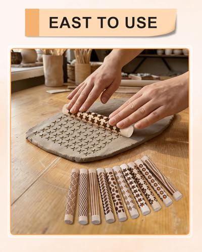 eZAKKA Pattern Rolling Pin for Pottery Ceramics and DIY Handcrafts 5 Pcs | 4.3 Inch Wooden Clay Texture Rollers Set for Embossing Modeling and Crafting - size: 5