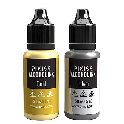 Pixiss Metallic Alcohol Ink Set - Silver and Gold Metallic Alcohol Ink Mixatives, 0.5oz Metallic Alcohol Pigment Resin Dye, Alcohol Inks for Epoxy Resin, Metallic Mixative for Yupo and Tumbler Cups
