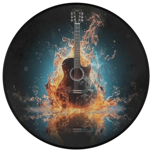 Electric Guitar Music Round Area Rug 3Ft Fire Guitar Circle Floor Mat - color: Guitar, size: 3 ft