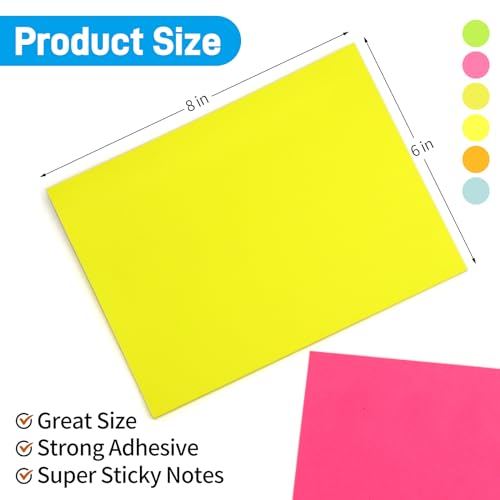 6 X 8 in Creative Extra Large Sticky Giant Pads,6 Brilliant Colors Assorted,203 mm x 152 mm,50 Sheets/Pad, 6 Pads for Drafts,Presentations,Workshops,Self-Adhesive Organization Tools - color: Bright Colors