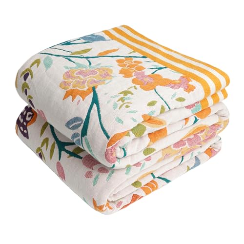 VANJOROY Boho Throw Blanket for Bed, 100% Organic Cotton Breathable Ultra Soft 50" x 60" Quilt Beige Throw - All Season Floral Farmhouse Decor Luxury Reversible Blanket for Sofa Couch Chair and Gift - color: Flower-colorful, size: Throw (50" X 60")