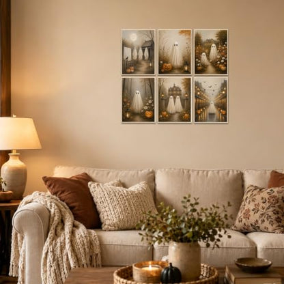 KBKBART 6pcs Halloween Poster Cute Ghost Country Landscape Prints 8x10 inch | Canvas Wall Art Print Pictures Unframed, Ghosts Fall Landscape Paintings, for Bedroom Living Room Dorm, Halloween Posters - color: Halloween Ghost