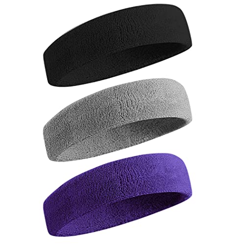 BEACE Sweatbands Sports Headband for Men & Women - Moisture Wicking Athletic Cotton Terry Cloth Sweatband for Tennis, Basketball, Running, Gym, Working Out - color: Black/Gray/Purple