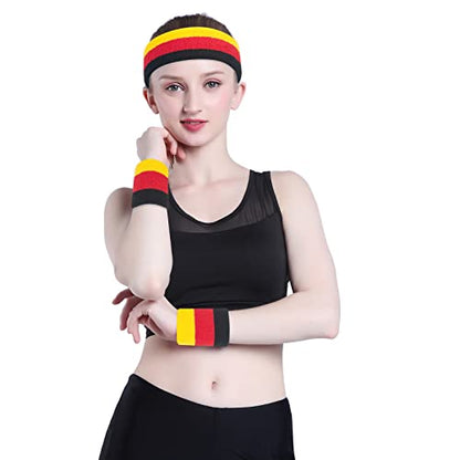 ONUPGO Sweatband Set Sports Headband Wristband Set Sweatbands Terry Cloth Wristband Wrist Sweatband Headbands Moisture Wicking Sweat Absorbing Head Band - color: Black Red Yellow