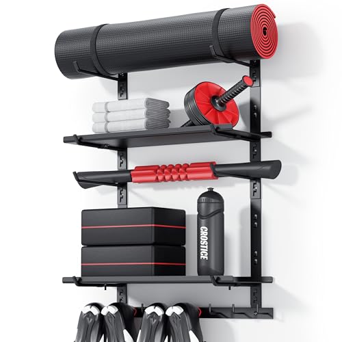 Home Gym Wall Storage Shelf, 2 Boards & 4 Adjustable Holders Sets | 2 boards, gym wall storage shelf with 4 adjustable holder sets and 8 hooks for mats, bands, shoes and workout gear - style: With 2 Boards