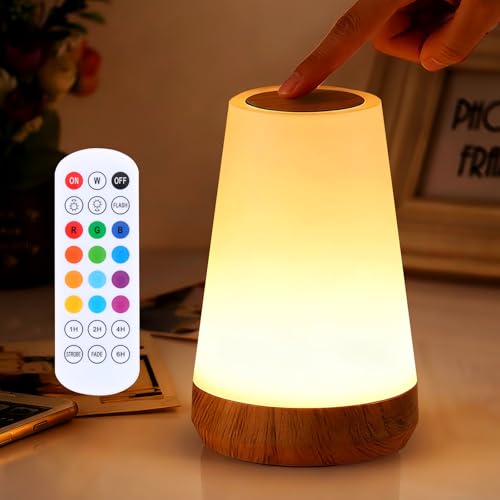 Night Light, Dimmable Touch Lamp and Remote Control, 13 RGB Colors & 5 Brightness, Rechargeable Bedside Table Lamp for Baby Kids Nursery Bedroom Bathroom Camping (Wood Grain) - color: Wood Grain