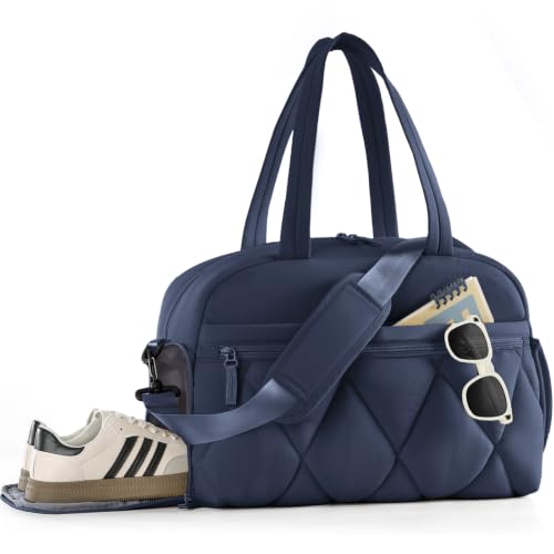 Women's Duffle Gym Bag, Carry-On Shoe Compartment for Weekender Overnight - color: Navy, size: Medium