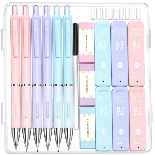 Four Candies 6-Pack Pastel Mechanical Pencil Set with Case | 0.5/0.7mm, 360 Leads, 3 Erasers+9 Refills, Cute Pink/Purple/Blue Barrels, Non-Slip Grip, For Writing, Notes & Drawing - style: 0.5mm+0.7mm