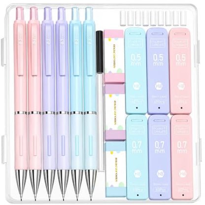 Four Candies 6-Pack Pastel Mechanical Pencil Set with Case | 0.5/0.7mm, 360 Leads, 3 Erasers+9 Refills, Cute Pink/Purple/Blue Barrels, Non-Slip Grip, For Writing, Notes & Drawing - style: 0.5mm+0.7mm