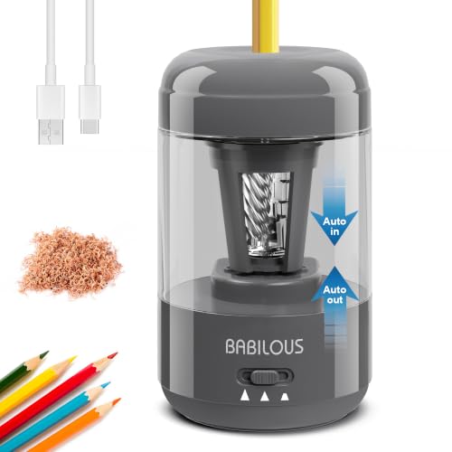 BABILOUS Electric Pencil Sharpener, Rechargeable Auto Feed & Auto Eject | Fits 6–8mm HB & Colored Pencils, Hands-Free Auto Sharpening, USB-C Rechargeable, Ideal for Kids, School, Classroom & Office - color: Grey