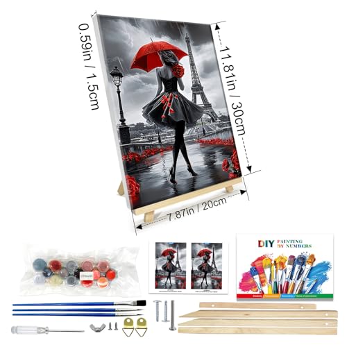 JOOZ Paint by Numbers Kit for Adults with Frame, Eiffel Tower Paint by Number with Easel, DIY Rose Woman Oil Painting by Numbers with Red Umbrella, Adult Paint by Number Kits for Wall Decor 8x12 Inch - color: Eiffel Tower 249