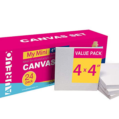 AUREUO Mini Stretched Canvas - 4x4 Inch/24 Pack - 2/6 Inch Profile Tiny Square Canvas Boards for Painting - Art Gift Set Bulk Pack Canvases for Acrylic Halloween Painting & Craft - size: 4"x4"