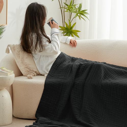 Love's cabin 100% Cotton Muslin Blanket, 6 Layer Lightweight Breathable Gauze Throw Blanket 50 x 60 Inches, Soft All Season Blanket for Couch, Bed, Sofa, Black - color: Black, size: Throw(50"x60")
